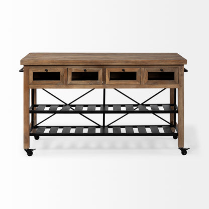 Brown Solid Wood Top Kitchen Island With Two Tier Black Metal Rolling