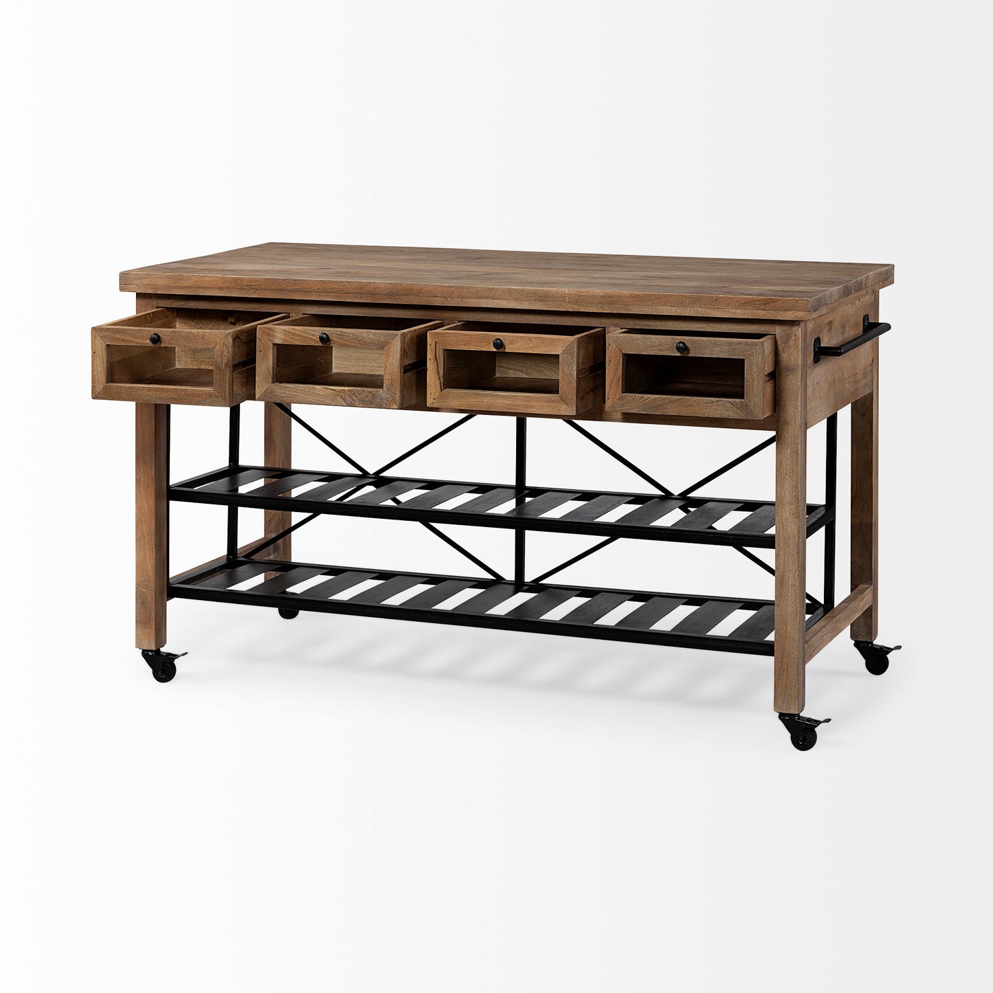 Brown Solid Wood Top Kitchen Island With Two Tier Black Metal Rolling