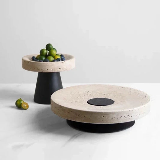 Beige Travertine Tray with Metal Base Vintage Natural Marble Serving Tray Round Cake Stand Fruit Bowl Home Decor