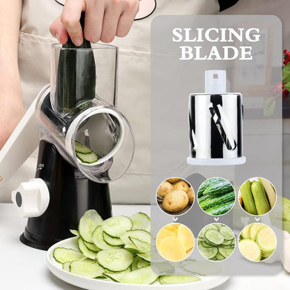 Rotary Cheese Grater with Handle, Manual Speed round Cheese Shredder with Strong Suction Base, Easy to Use Potato Hashbrown Shredder with 3 Replaceable Stainless Steel Drum (Black)