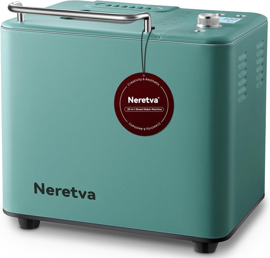 Neretva 20-in-1 Professional Bread Maker with Dual Heater, 2LB Capacity, All-Metal Nonstick Ceramic Pan, Compact Design for Gluten-Free Baking, Dough Preparation, Dried Meat Floss, Jam, and Yogurt - Green