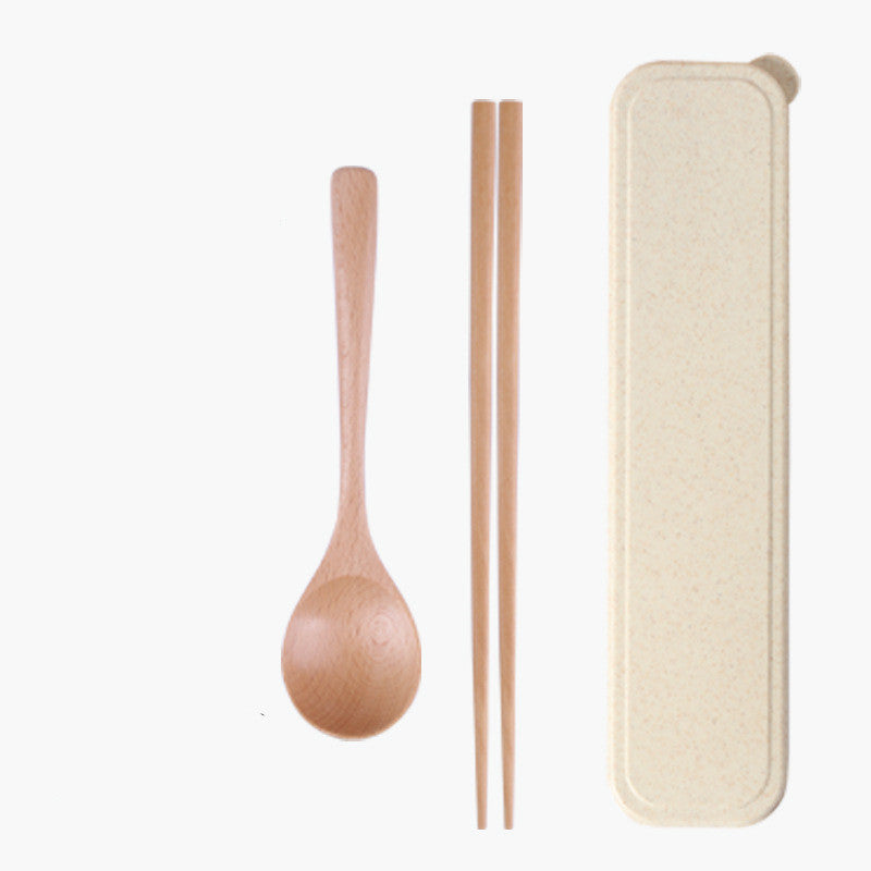 Color: Wood color - Cute Portable Tableware With Wooden Spoon