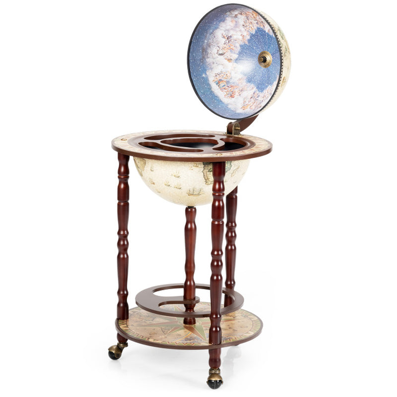 17-Inch Italian-Style Wooden Globe Liquor Bottle and Wine Rack with Wheels