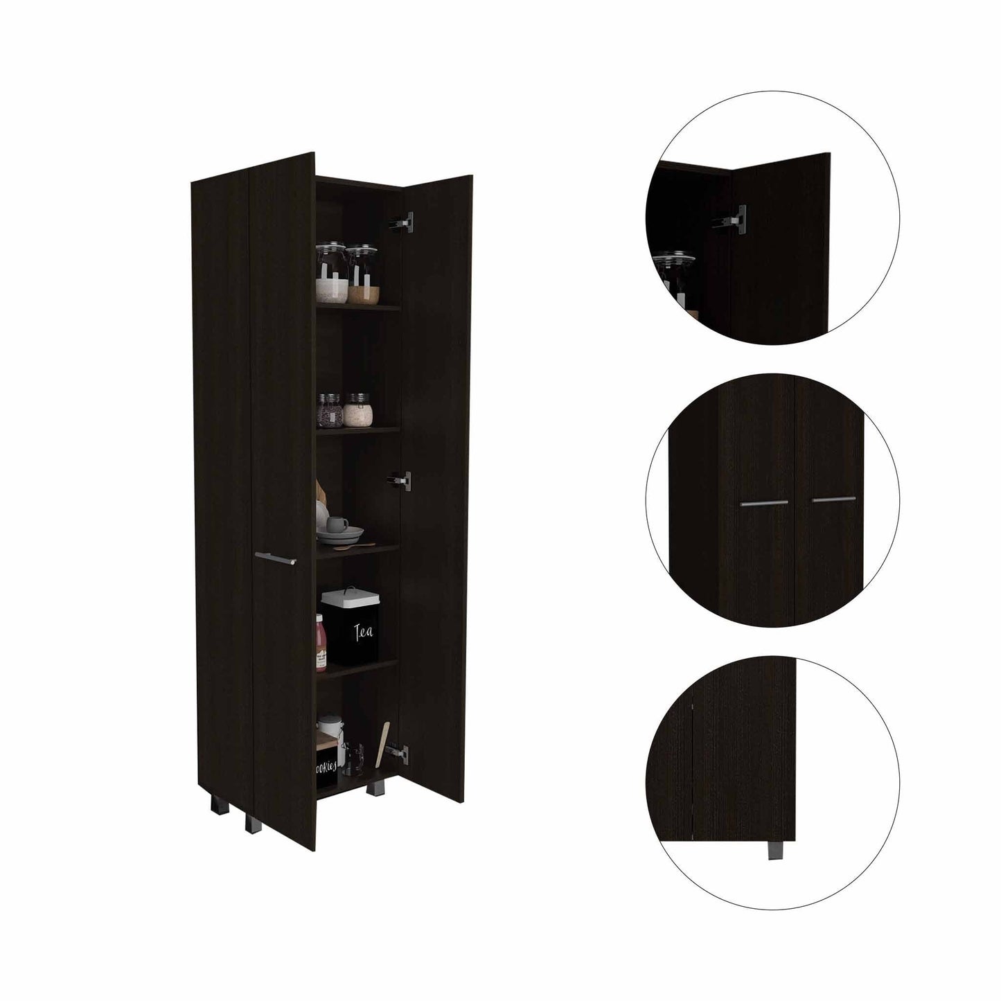 79" Modern Black Pantry Cabinet with Two Doors and Five Shelves
