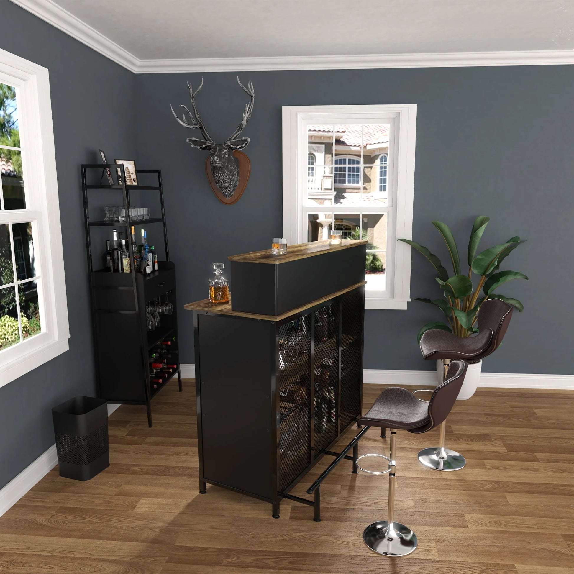 Stylish GDLF Mini Home Bar Cabinet with Storage & Footrest in Wood Gray