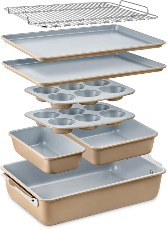 8-Piece Stackable Bakeware Set - Ceramic Non-Stick Coating, Baking Sheets, Assorted Baking Pans PTF PFOA & PFOS Free