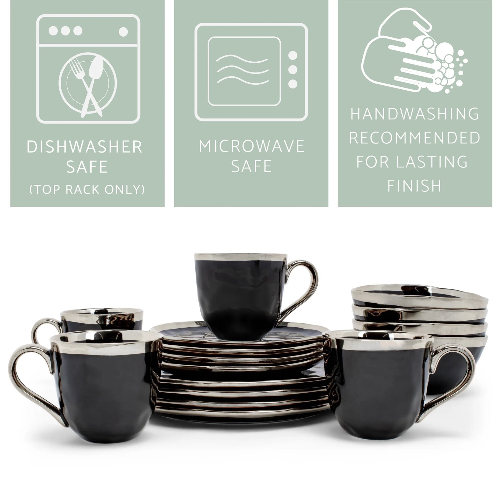 Elanze Designs Metallic Bubble Ceramic Dinnerware 16 Piece Set - Service for 4, Black Silver