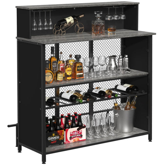 Stylish GDLF Mini Home Bar Cabinet with Storage & Footrest in Wood Gray