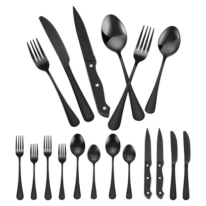 48-Piece Black Silverware Set with Steak Knives, Food-Grade Stainless Steel Flatware Utensils for 8, Mirror Finished Cutlery Set, Dishwasher Safe Eating Tableware for Kitchen Home, Service for 8