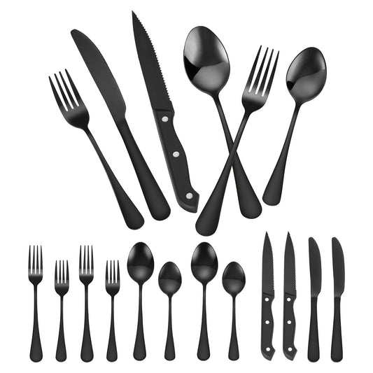 48-Piece Black Silverware Set with Steak Knives, Food-Grade Stainless Steel Flatware Utensils for 8, Mirror Finished Cutlery Set, Dishwasher Safe Eating Tableware for Kitchen Home, Service for 8