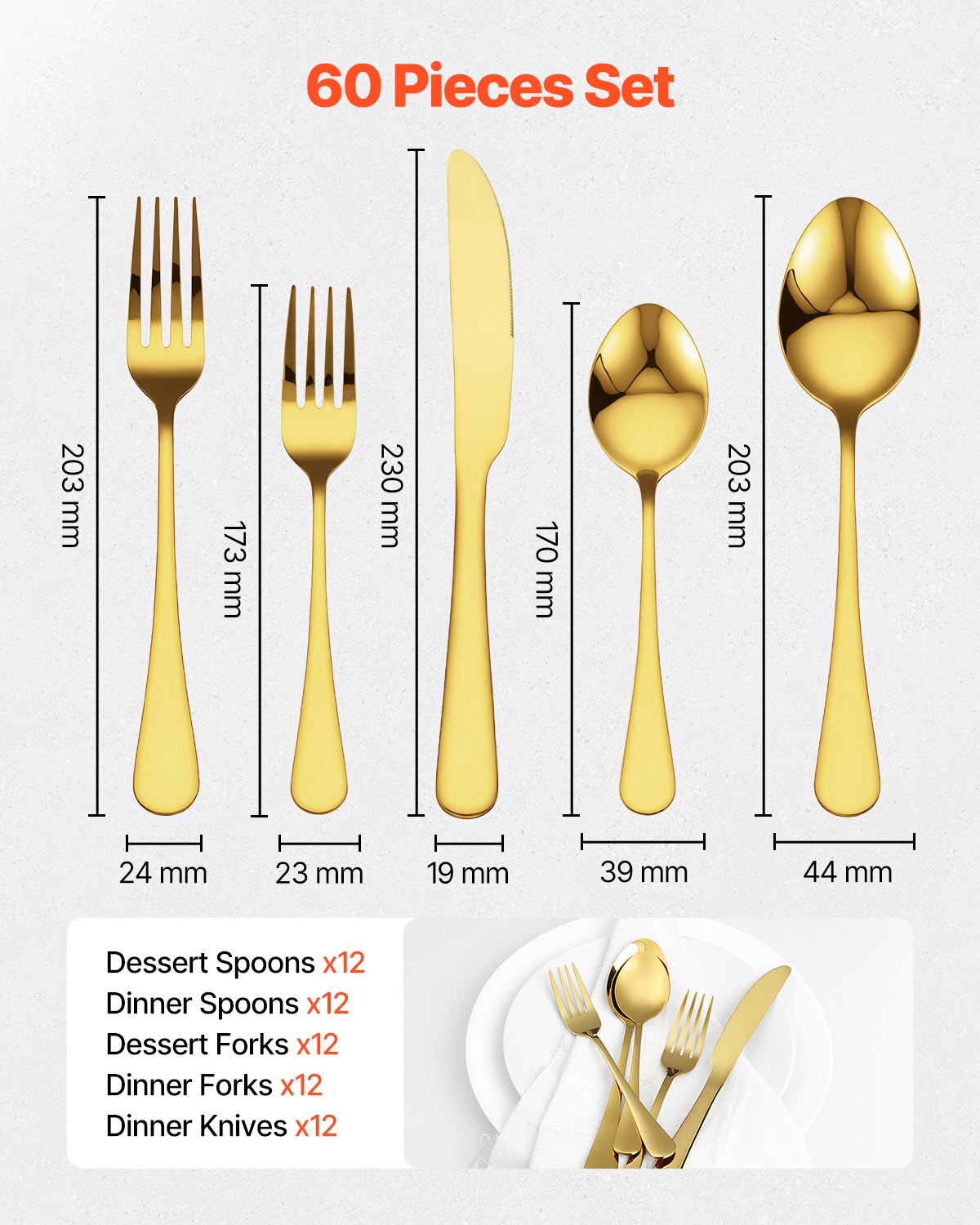 60-Piece Gold Silverware Set, Food-Grade Stainless Steel Flatware Utensils for 12, Mirror Finished Cutlery Set, Dishwasher Safe Eating Tableware for Kitchen Home, Include Knife Fork Spoon