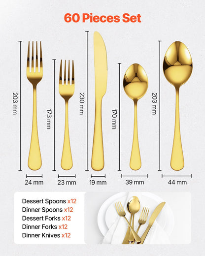 60-Piece Gold Silverware Set, Food-Grade Stainless Steel Flatware Utensils for 12, Mirror Finished Cutlery Set, Dishwasher Safe Eating Tableware for Kitchen Home, Include Knife Fork Spoon