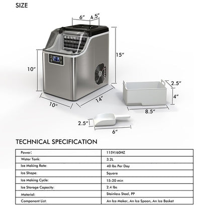 Electric Countertop Ice Maker 40-Lb Ice per Day Countertop or Portable Cubed Ice Maker (Silver)