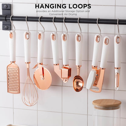 Upgrade Your Cooking Game with Our 7-Piece Stainless Steel Kitchen Gadget Set! Soft Touch Handles in Stylish Copper & White! 🍳✨