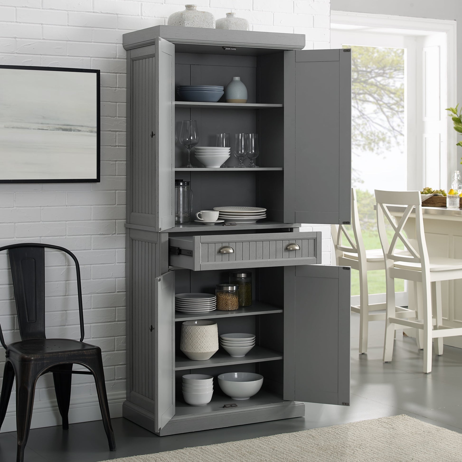 Crosley Furniture Seaside Coastal Pantry with Distressed Gray and Gold Finish