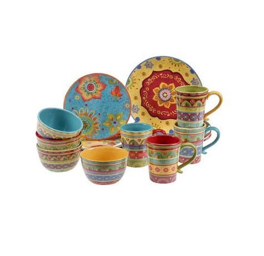 Vibrant, Beautiful, Colorful 100% Ceramic 16-Pc Dinnerware Set