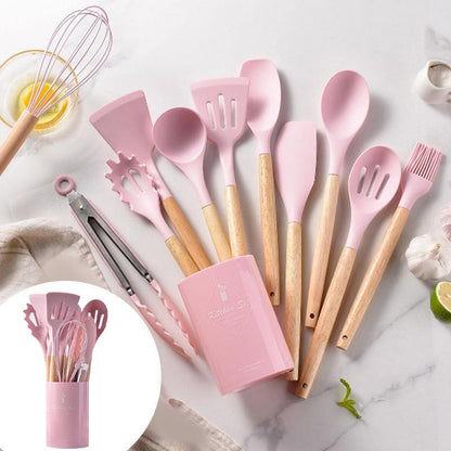 Silicone Kitchen Cooking Utensils Set, 12Pcs/Set Heat Resistant, Tongs, Spatula, Spoon, Brush, Whisk, Wooden Handle Kitchen Gadgets with Holder