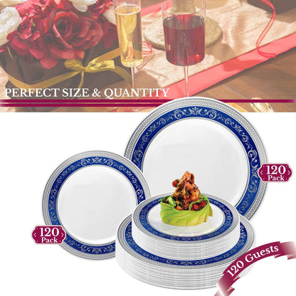 Elegant Disposable Plastic Plates - 240 Count, 120 Heavy-Duty Dinner Plates & 120 Dessert/Salad/Appetizer Plates, White with Blue & Silver Royal Rim, Ideal for Weddings, Birthday Parties & All Occasions