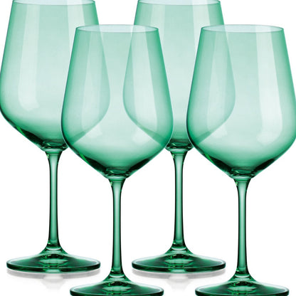 Set of Four Green Crystal Balloon Bowl Stemmed Red Wine Glass