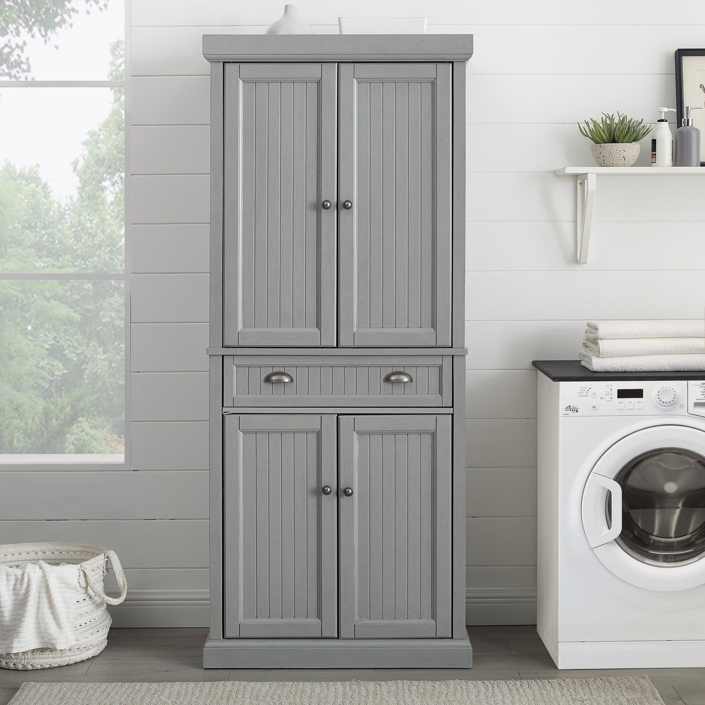 Crosley Furniture Seaside Coastal Pantry with Distressed Gray and Gold Finish