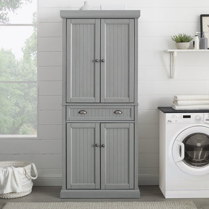 Crosley Furniture Seaside Coastal Pantry with Distressed Gray and Gold Finish