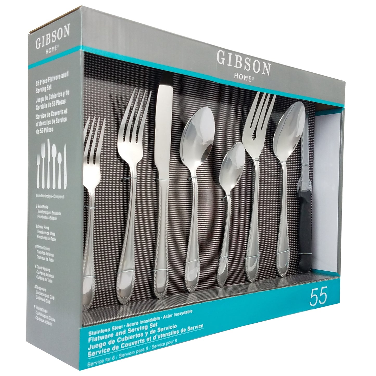 Gibson Home Wilmington Plus 55-Piece Flatware Set - Complete Dining Table Companion with Raised Design Handles - Stainless Steel, Stain and Rust Resistant - Includes Salad Forks, Dinner Forks, Dinner Knives, Dinner Spoons, Teaspoons, Steak Knives, Serving