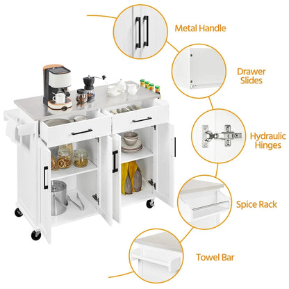 Renwick 42-Inch Mobile Kitchen Island with Storage Drawers and Cabinets in White
