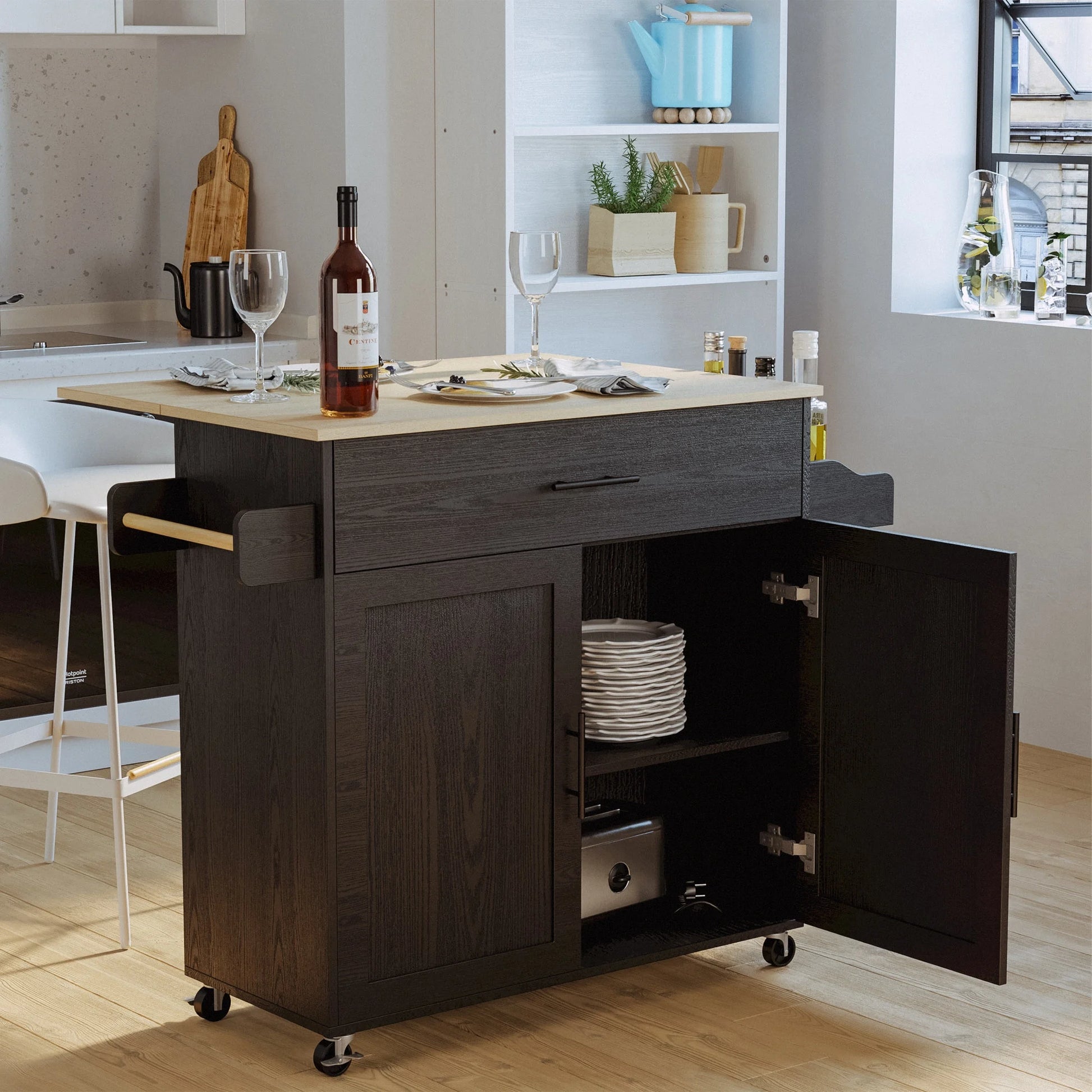 IRONCK Mobile Kitchen Island Cart with Storage Cabinet, Drawer, and 3 Spice Racks in Black