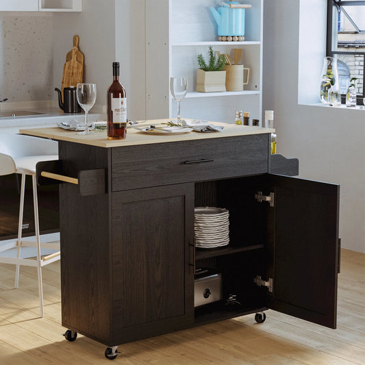 IRONCK Mobile Kitchen Island Cart with Storage Cabinet, Drawer, and 3 Spice Racks in Black