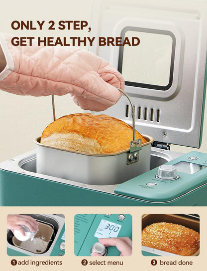 Neretva 20-in-1 Professional Bread Maker with Dual Heater, 2LB Capacity, All-Metal Nonstick Ceramic Pan, Compact Design for Gluten-Free Baking, Dough Preparation, Dried Meat Floss, Jam, and Yogurt - Green