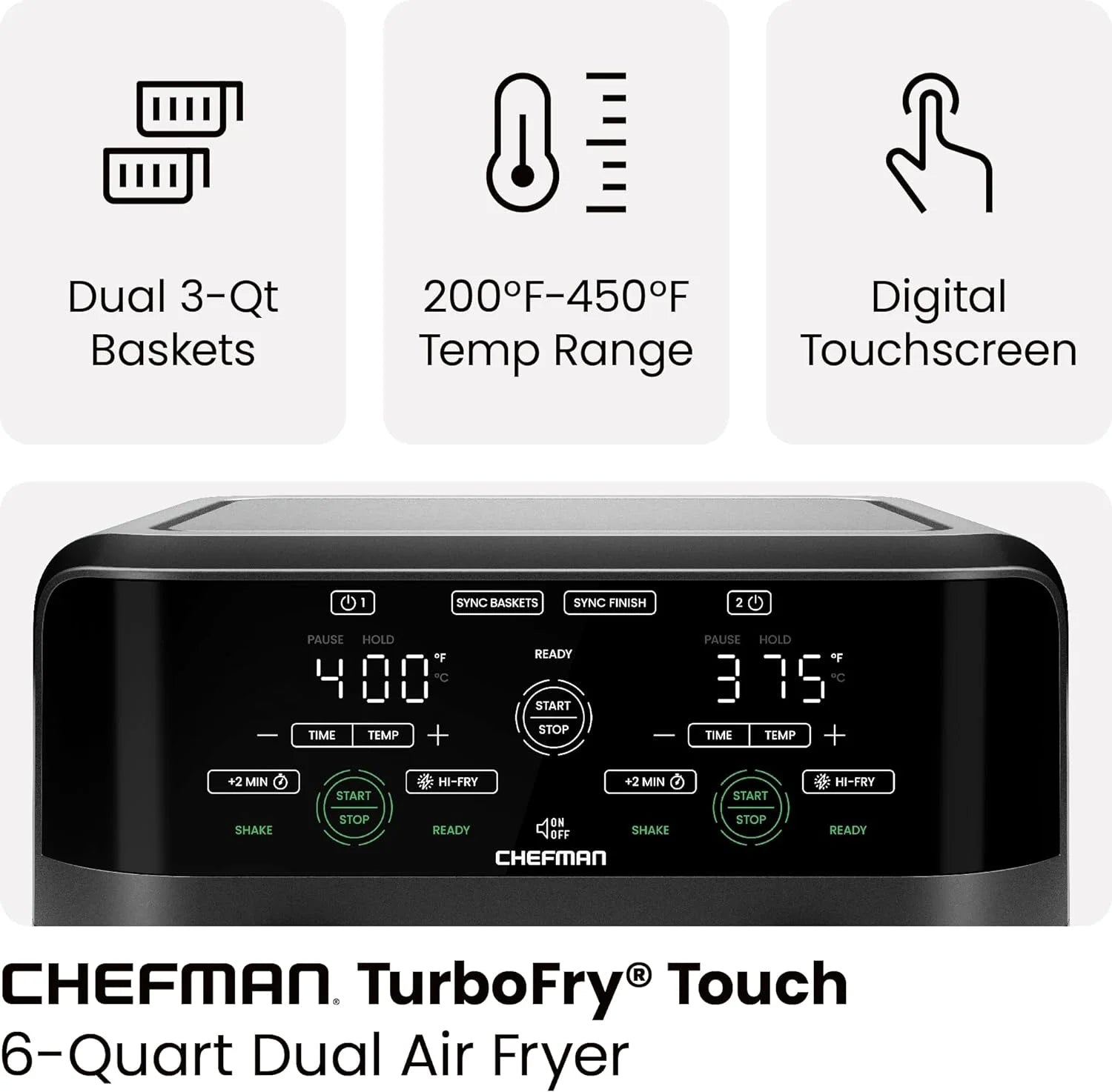 Chefman Dual Basket Air Fryer with Digital Touchscreen, Two Independent 3 Qt Baskets, Sync Finish - Black