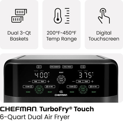 Chefman Dual Basket Air Fryer with Digital Touchscreen, Two Independent 3 Qt Baskets, Sync Finish - Black
