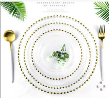 Color: Gold, Size: 27CM - Glass Plate Round Gold Rim Bead Cushion Plate Dinner Plate