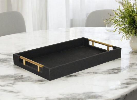 16" Black Wood and Vinyl Faux Shagreen Serving Tray With Gold Handles