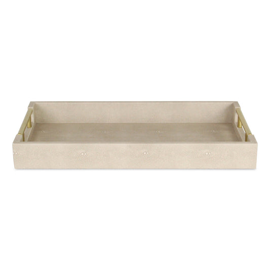 16" Cream Wood and Vinyl Faux Shagreen Serving Tray With Gold Handles