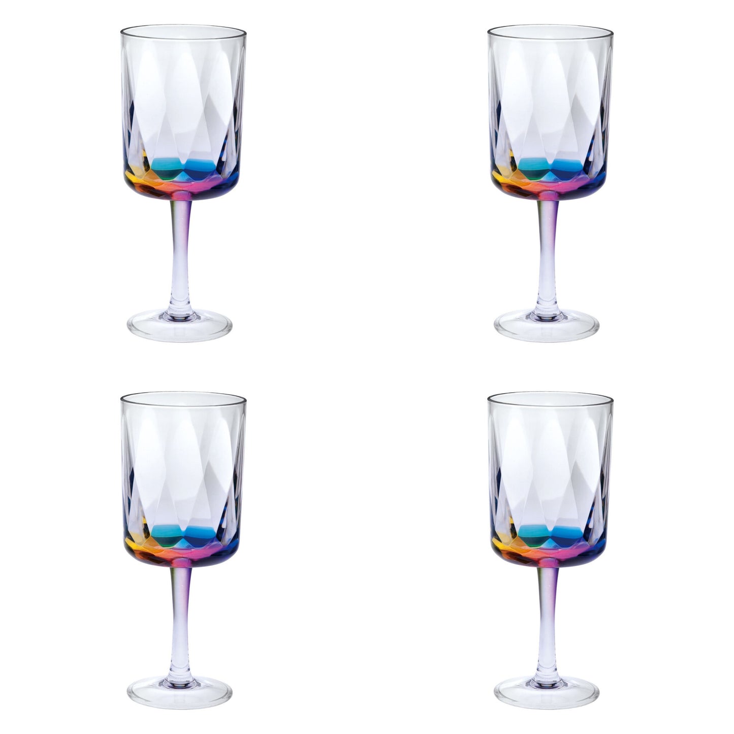 Set of Four Clear and Rainbow Geometric Acrylic Stemmed All Purpose Wine Glasses