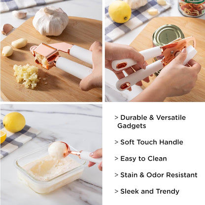 Upgrade Your Cooking Game with Our 7-Piece Stainless Steel Kitchen Gadget Set! Soft Touch Handles in Stylish Copper & White! 🍳✨