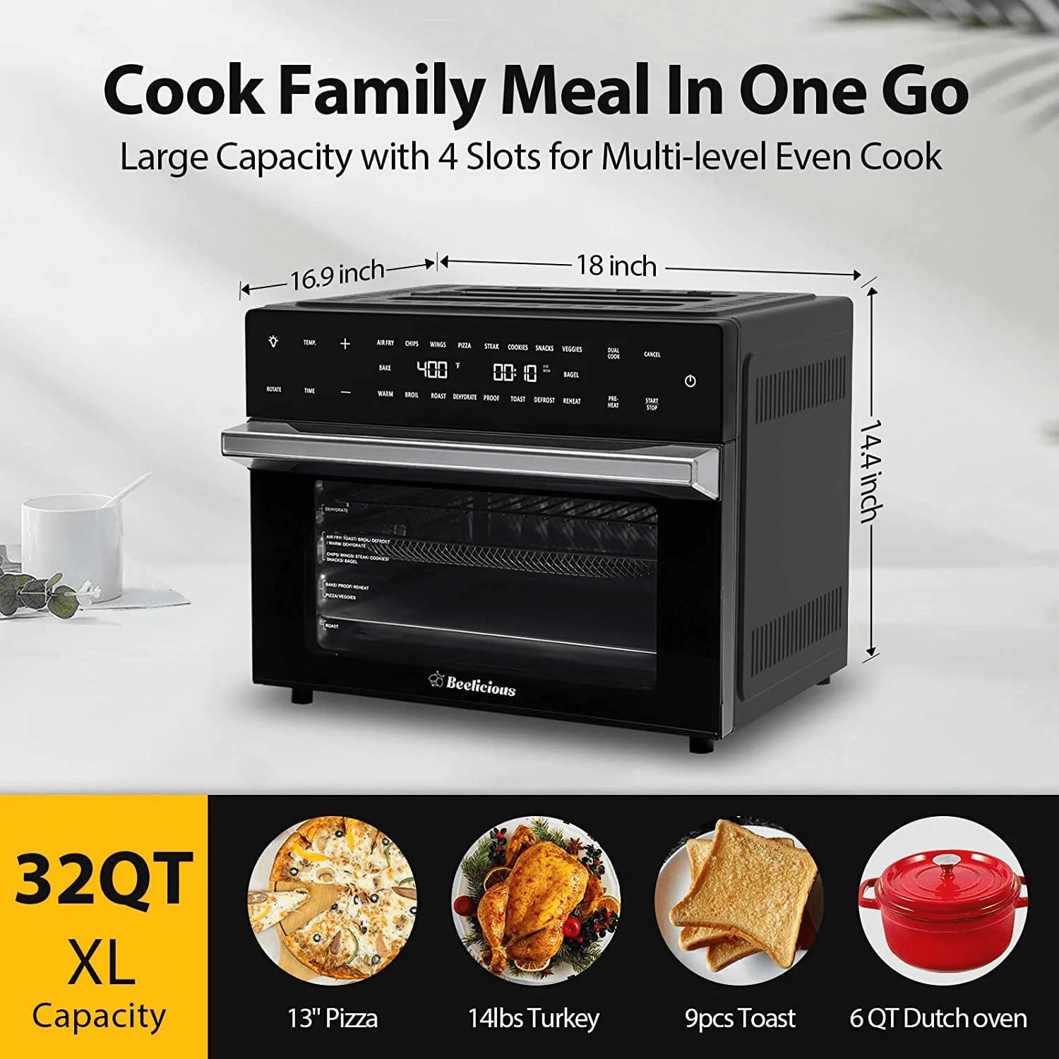 Beelicious 32 QT Large Air Fryer Ovens, Rotisserie Oven with Dehydrator, 19-In-1 Convection Toast Countertops Oven Combo, 6 Accessories