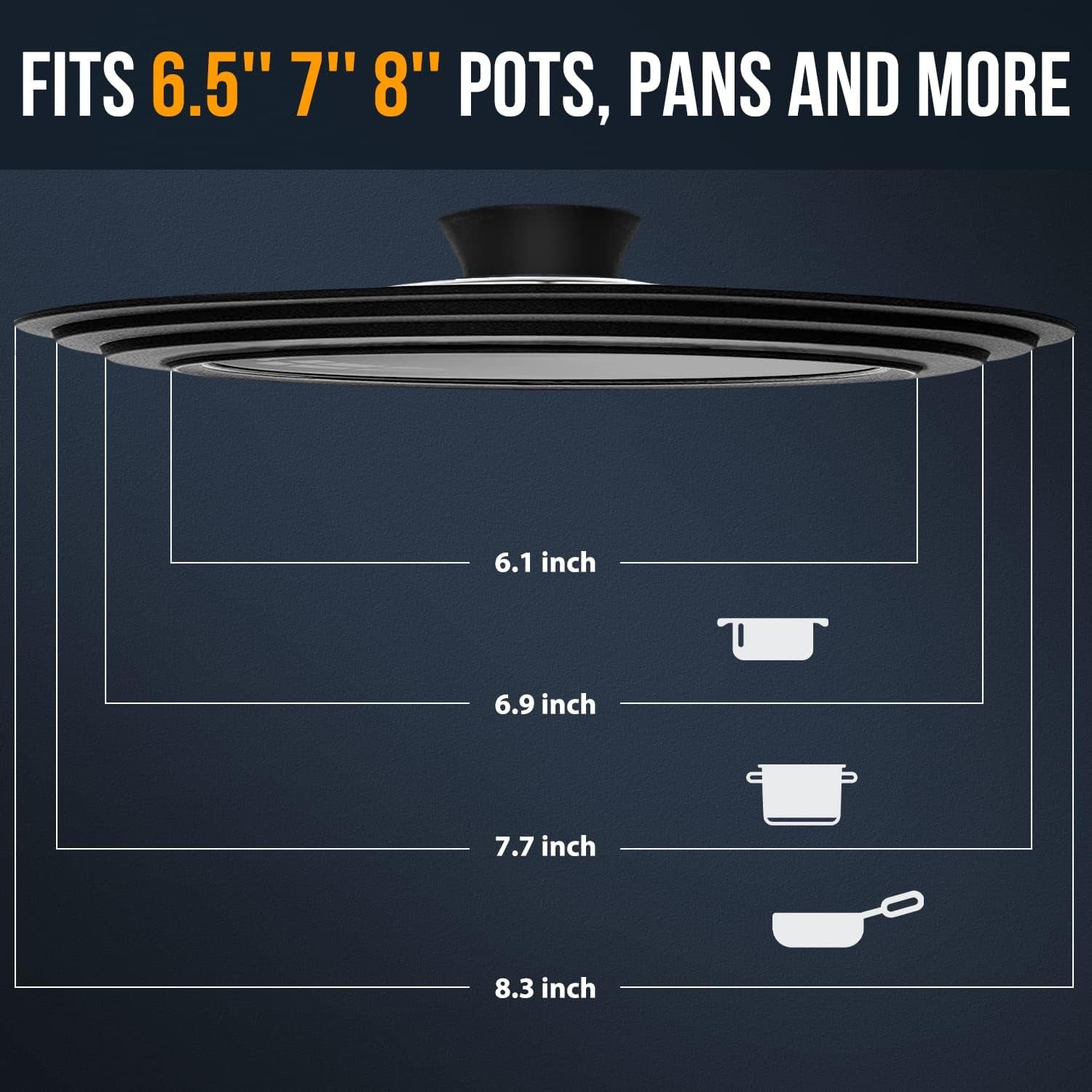 Versatile Universal Lid for Pots, Pans & Skillets - Fits 6.5", 7", & 8" Cookware - Durable Tempered Glass with Heat-Resistant Silicone Rim
