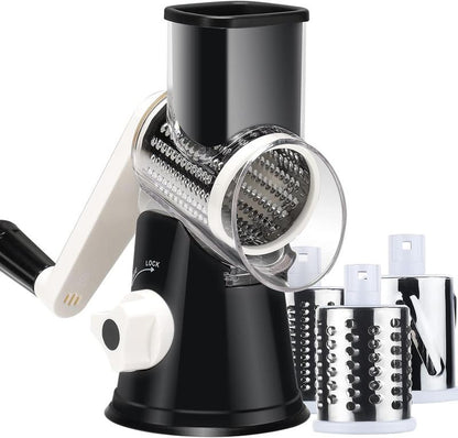 Rotary Cheese Grater with Handle, Manual Speed round Cheese Shredder with Strong Suction Base, Easy to Use Potato Hashbrown Shredder with 3 Replaceable Stainless Steel Drum (Black)