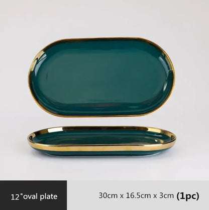Gilt Rim Green Ceramic Plate Steak Food Plates Bowls Ins Dinner Dish Luxurious Porcelain Dinnerware Set for Family Hotel