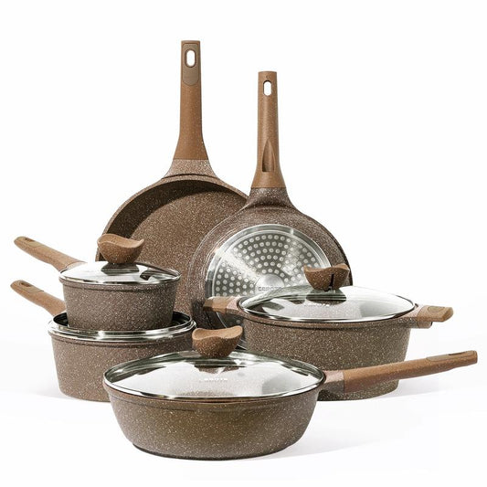 [Official] CAROTE 10Pcs Nonstick Cookware Sets, Brown Granite Pans and Pots Set, Induction Stone Kitchen Cooking Set Ceramic Frying Frying Pan Lid