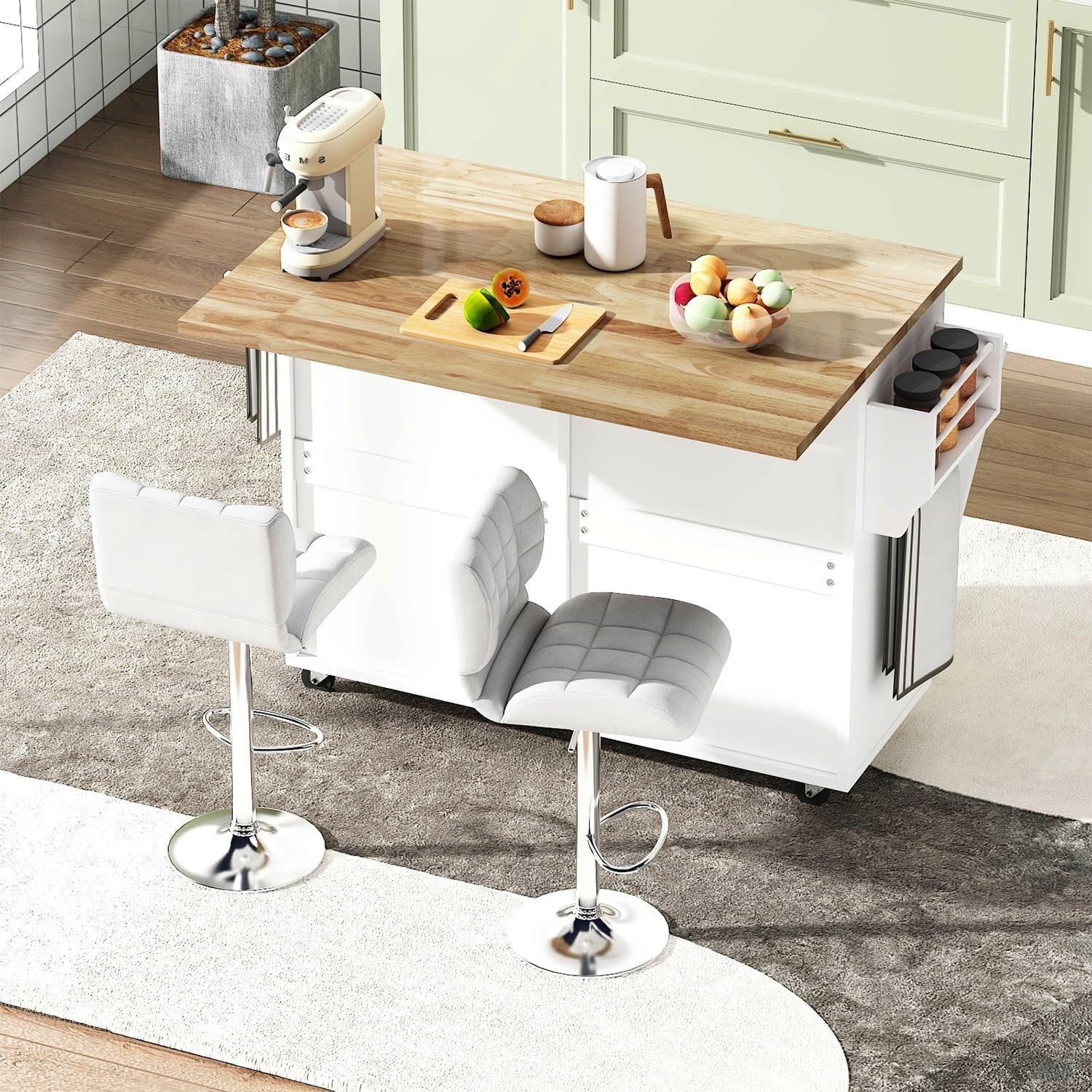 ANPOO Rolling Kitchen Island with Drop Leaf, Tilt Out Kitchen Trash Cabinet 10 Gallon Storage, Kitchen Cart Island with Rubber Wood Top, Spice Rack and Drawers(White)