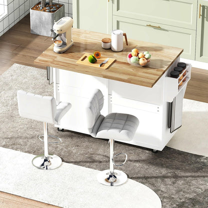 ANPOO Rolling Kitchen Island with Drop Leaf, Tilt Out Kitchen Trash Cabinet 10 Gallon Storage, Kitchen Cart Island with Rubber Wood Top, Spice Rack and Drawers(White)