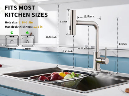 Stylish Waterfall Faucet with Pull Down Sprayer and Three Function Modes for Enhanced Kitchen Convenience