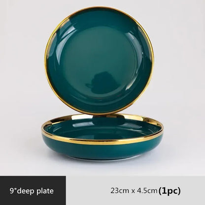Gilt Rim Green Ceramic Plate Steak Food Plates Bowls Ins Dinner Dish Luxurious Porcelain Dinnerware Set for Family Hotel
