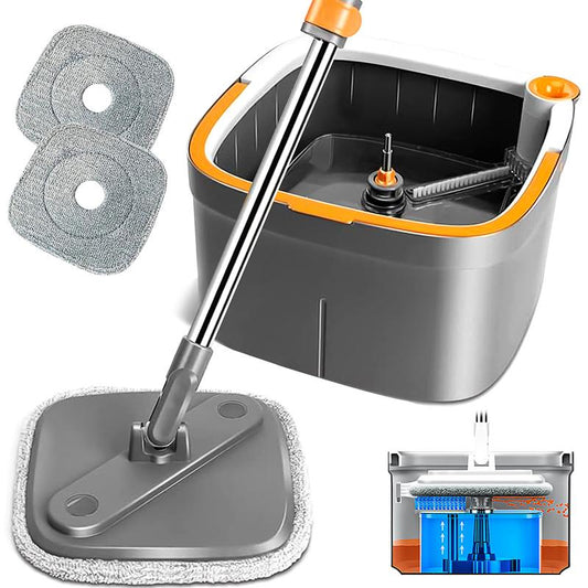 Spinning Mop and Bucket Set with Self-Separating Dirty Water & Clean Water System, Self-Drying 360° Spin Square Mop Head Wardwood Tile Marble Floors,Cleaning Mop after the Party,Adjustable Hand Tool,Family House Mom Home