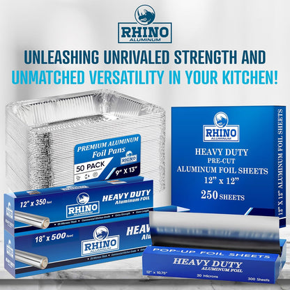 Rhino Heavy-Duty Aluminum Foil Roll - 18" x 525 ft (Pack of 4) - 25 Microns Thick, Commercial Grade for Food Service Industry