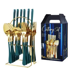 24Pcs Stainless Steel Dinnerware Set Knife Fork Spoon Tableware Flatware Set Festival Kitchen Dinnerware Gift Golden Cutlery Set