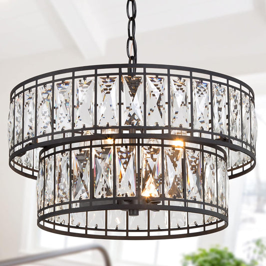 Elegant 4-Light Round Crystal Chandelier for Dining Room and Living Spaces, 2-Tier Design, 15.5" Diameter